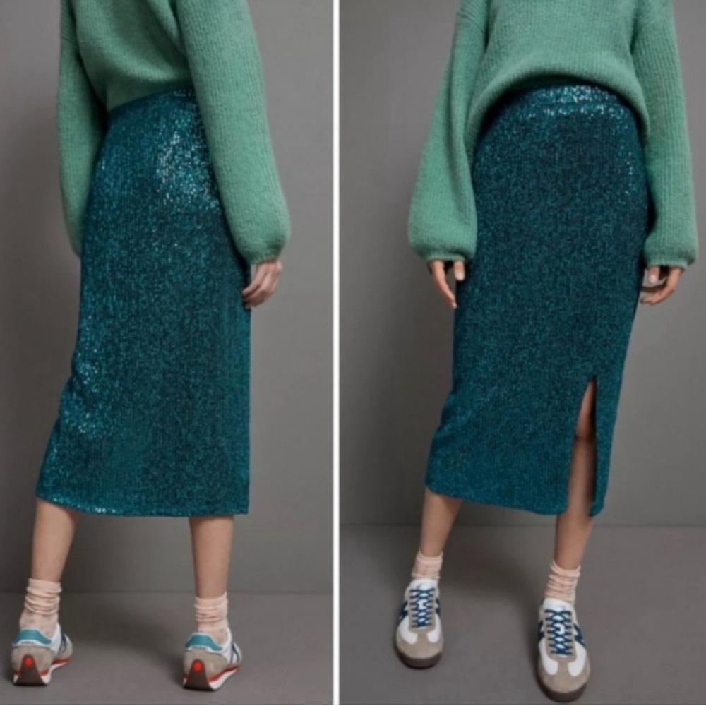 Anthropologie Maeve Teal Sequin Midi Skirt